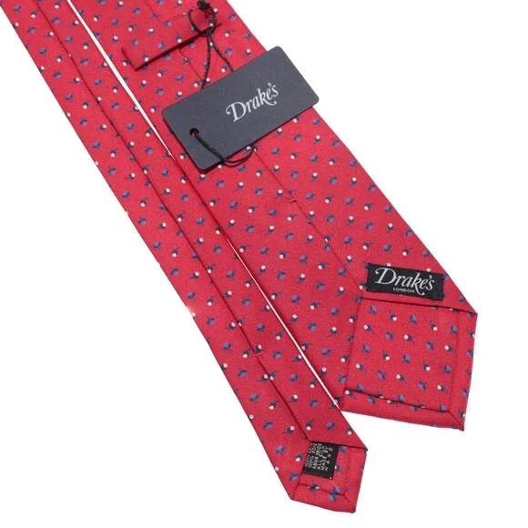 Drake's NWT Neck Tie in Red with Navy/Light Blue & White Floral Print 100% Silk